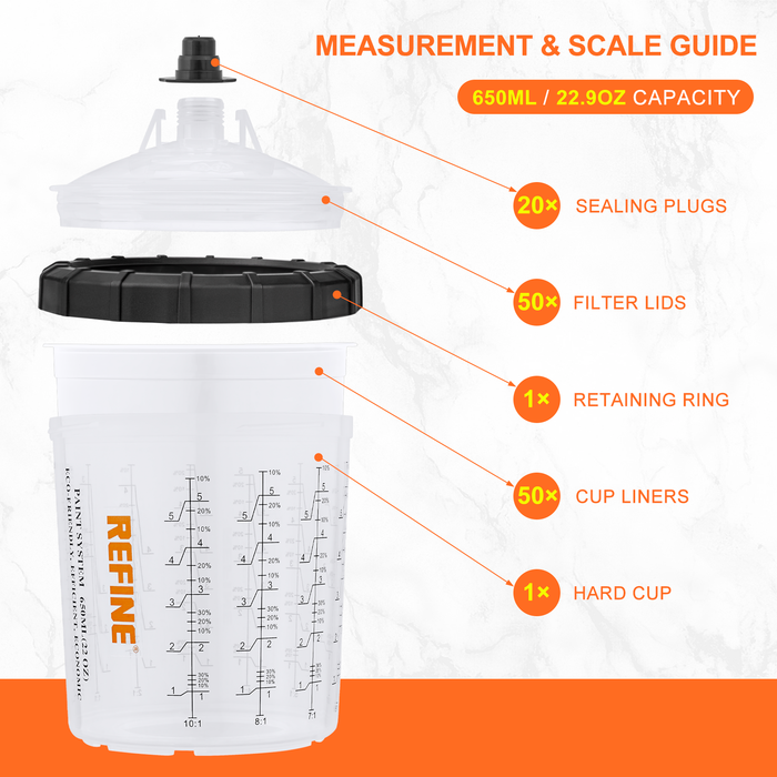 REFINE 650ml Disposable Paint Sprayer Mixing Cups, 50 Packs Cup Liner and Lid System - 50 Cup Liners, 50 Lids with 125 Micron Strainer, 20 Plugs and 1 Hard Cup with Retainer Ring