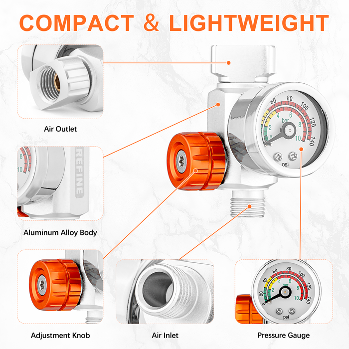 REFINE Air Pressure Regulator Kit with Gauge for Air Spray Paint Guns 145PSI 1/4" NPS