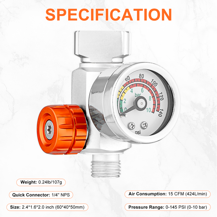 REFINE Air Pressure Regulator Kit with Gauge for Air Spray Paint Guns 145PSI 1/4" NPS