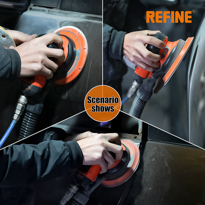 REFINE R-65N 6" Air Random Orbital Sander, Dual Action, with 10 Pcs Sandpapers, for Car Polishing