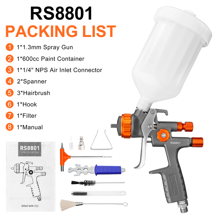 REFINE RS8801 Forged HVLP Air Spray Paint Gun, 1.3mm Nozzle, 600cc Cup, for Car Topcoat, Advanced Atomization