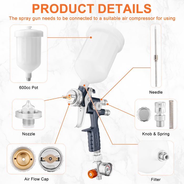 REFINE RS8801D Forged HVLP Air Spray Paint Gun, 1.8mm Nozzle, 600cc Cup, for Car Primer, Advanced Atomization