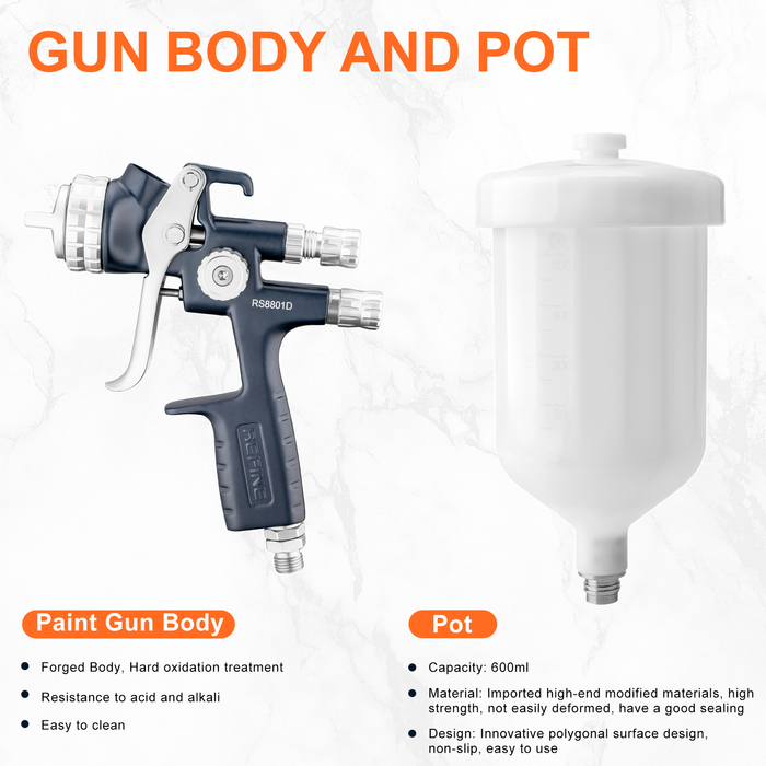 REFINE RS8801D Forged HVLP Air Spray Paint Gun, 1.8mm Nozzle, 600cc Cup, for Car Primer, Advanced Atomization