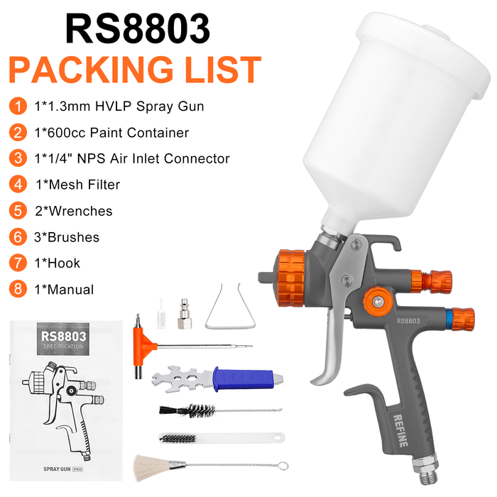 REFINE RS8803 HVLP Air Spray Paint Gun, 1.3mm Nozzle, 600cc Cup, for Car Topcoat